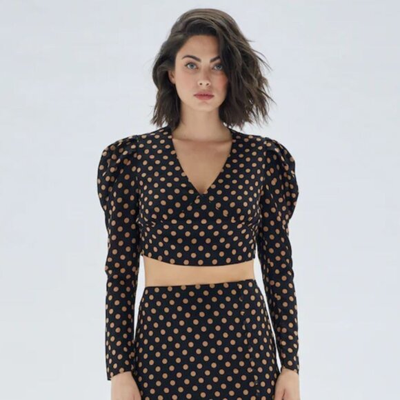 NWT MinkPink | Ayat Wrap Crop Top Black & Mocha Brown Polka Dot | Size Medium - Picture 2 of 10